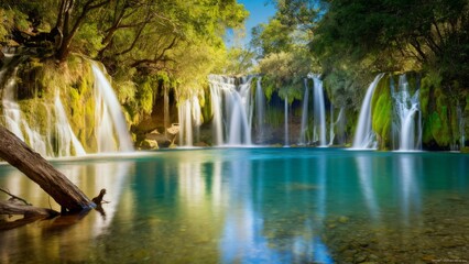 Naklejka premium A large waterfall in a forested area with trees and water, AI