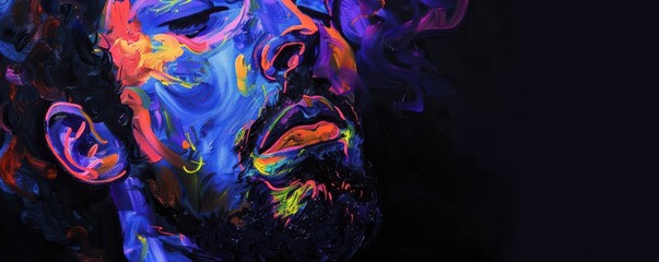 Portrait of a man painted in fluorescent UV colors. The vivid and striking colors create a psychedelic effect, perfect for artistic and creative projects that require a bold visual impact.