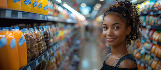 smiling woman shopping in supermarket; african american teenager shopping in grocery store; smiled girl looking directly at the camera; young girl in her 16s 18s 20s 21s in mall; copy space