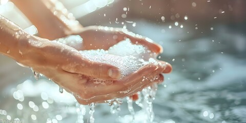Fototapeta premium Close-up of hands being washed under running water in a modern bathroom. Concept Hygiene, Hand-washing, Modern Bathroom, Cleanliness, Close-up Shot
