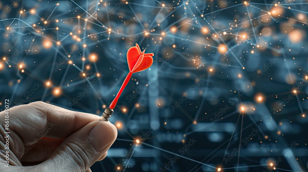 Poster a hand holds a red dart in front of a blurred background of a connected network
