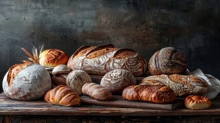 A variety of artisan breads displayed on a wooden table