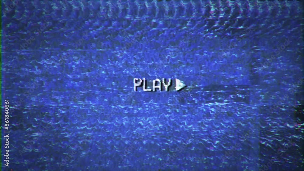 Poster play text on an old damaged vhs tape over analog tv static noise. seamless loop animation