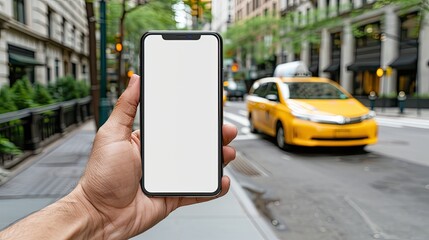 A hand holds a smartphone with a blank screen in front of a yellow taxi driving down a city street