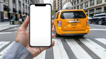 A person holds a smartphone with a blank screen in front of a yellow taxi cab in a New York City...