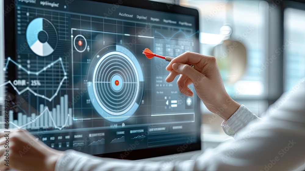 Poster a persons hand holds a dart in front of a computer screen displaying graphs and data, with the dart 