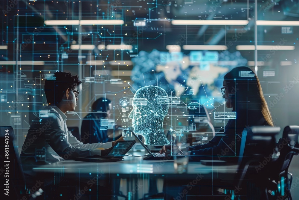 Poster virtual screen overlays colleagues in office meeting with generative ai integration