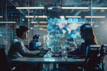Virtual screen overlays colleagues in office meeting with generative ai integration