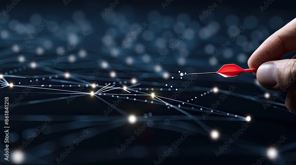 Poster a hand holds a dart aimed at a network of connections represented by lines and glowing dots, symboli