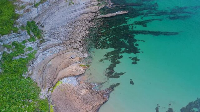 Coastal landscape at Punta Ballota on the coasts of Tagle. Aerial view from a drone. Arnuero Municipality. Cantabrian Sea. Cantabria. Spain. Europe