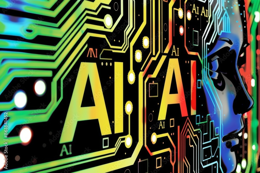 Poster ai integration on a circuit board with glowing elements, futuristic design, and high tech connectivi