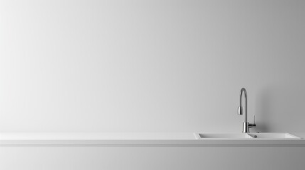 Modern kitchen with white sink and tap against white wall with copy space