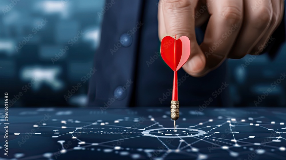 Poster a businessmans hand holds a red dart with a heart-shaped tip, aiming it towards a network target on 