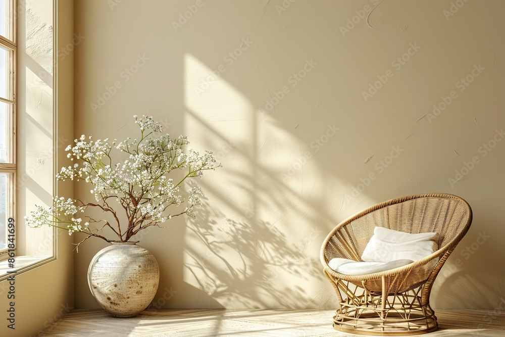 Wall mural empty beige wall mockup in boho room interior with wicker armchair and vase. natural daylight from a - Wall murals