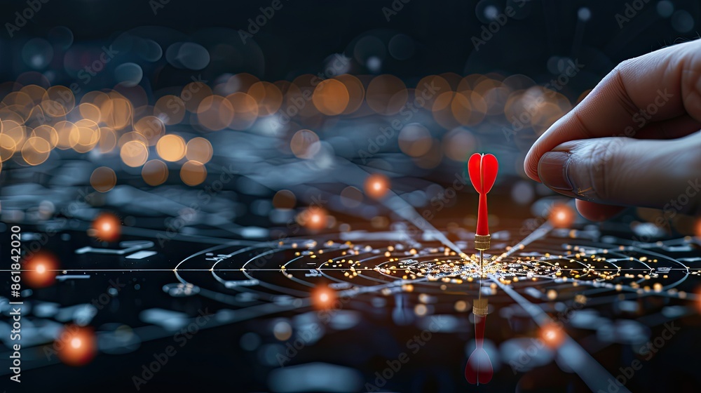 Poster a hand places a red dart into a bullseye on a web-like target with glowing lights
