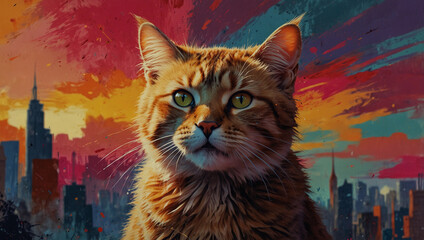 Obraz premium Collage Inspired Feline Artwork on Dark Background urban landscape city skyscrapers Generative AI