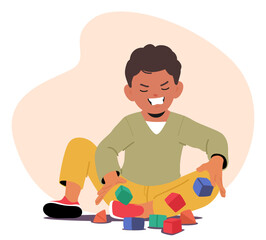 Young Boy Shows Frustration While Playing With Colorful Building Blocks. His Facial Expression And Scattered Toys