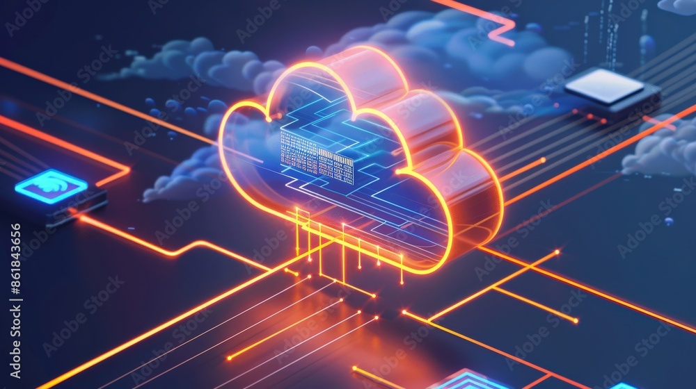 Poster a computer network is shown with a large orange cloud in the middle. the cloud is surrounded by a se