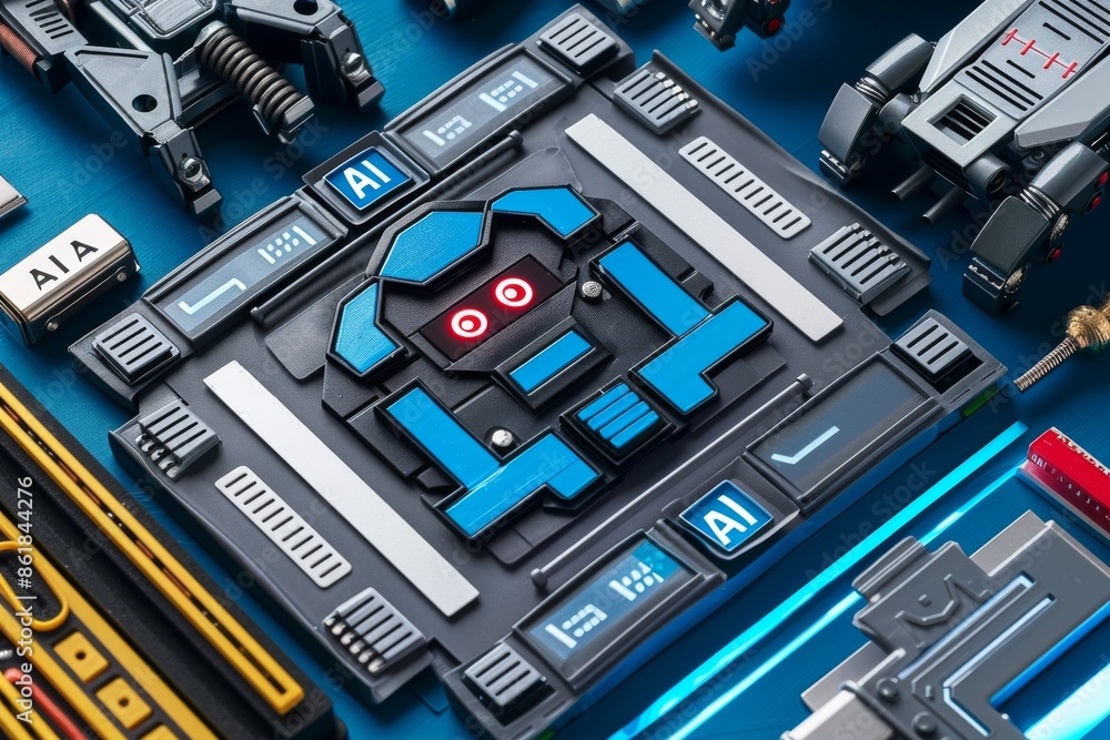 Poster close up of ai circuit board with glowing elements, symbolizing technological advancement and innova