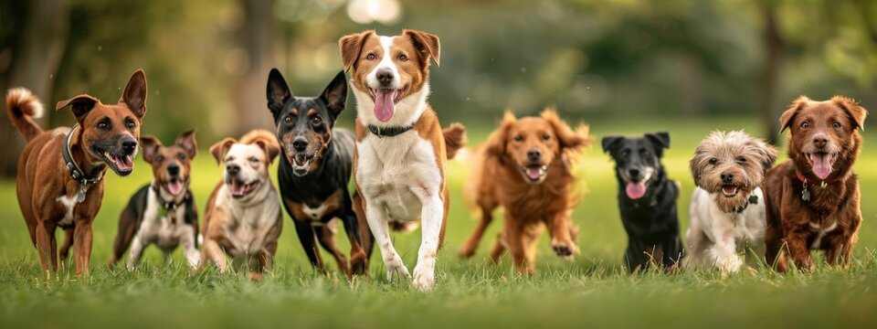 A group of dogs are running in a field