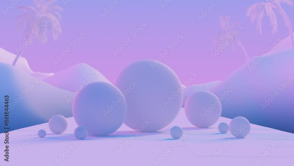 Poster surreal pastel landscape with spheres. palm trees and mountains under a gradient sky of pink and blu
