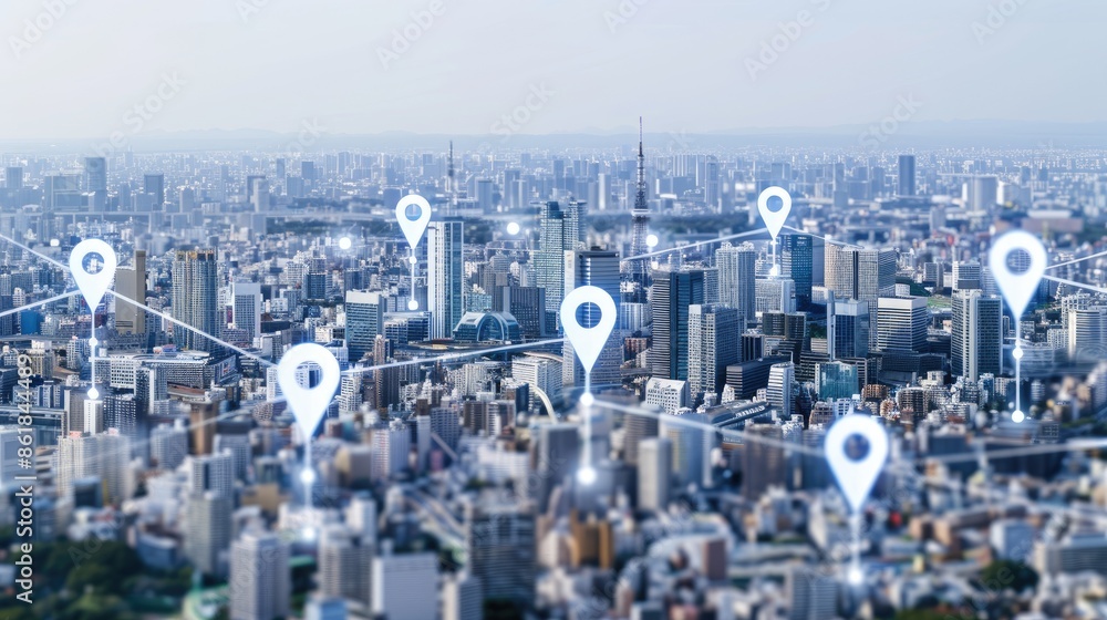 Poster an aerial view of a modern city with multiple location pins connected by lines, symbolizing intercon