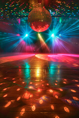 Empty dance floor with colorful lights and a disco ball, creating a vibrant atmosphere