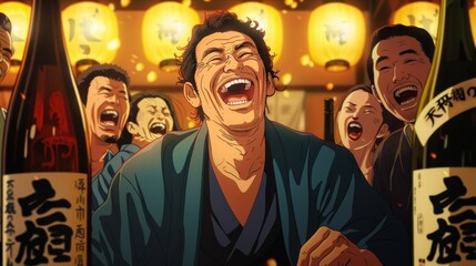 Obraz premium A man in a white robe is laughing while surrounded by several bottles of beer