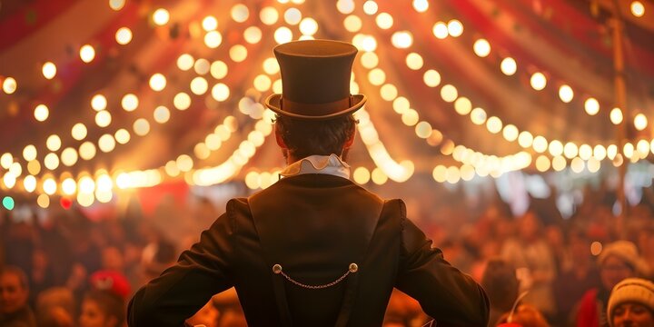 Ringmaster confidently observes audience inside circus tent with cameras facing away. Concept Circus, Ringmaster, Audience, Tent, Confidence