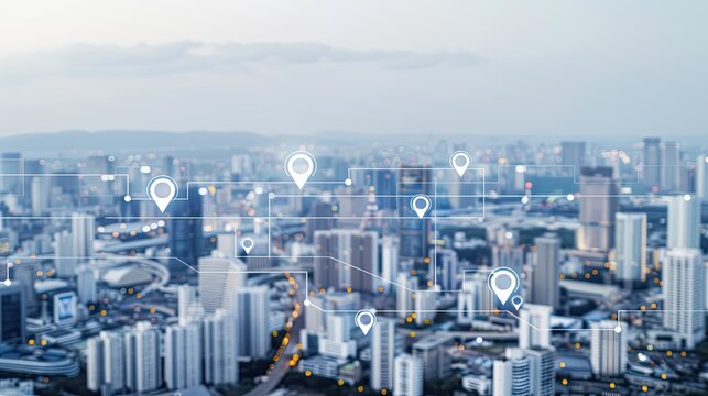 A city skyline with glowing location pins connected by lines, representing a modern, digital city
