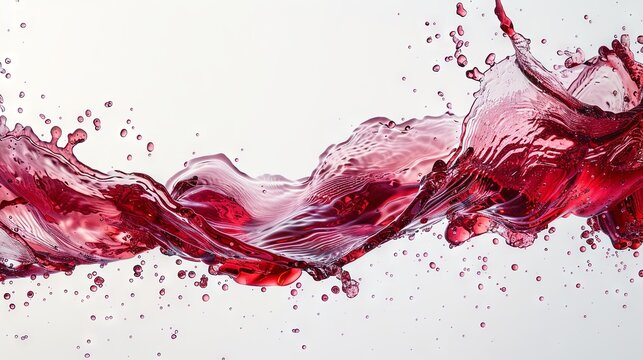 Red wine being poured into a glass with a splash against a white background, suitable for artistic beverage advertising or travel blog concepts