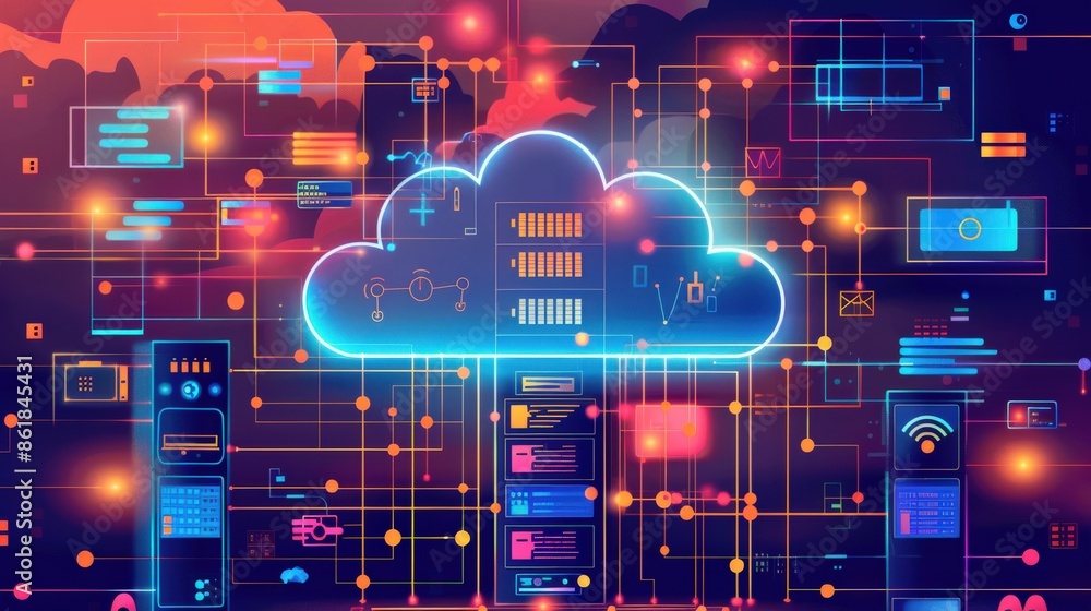 Poster a computer network is shown in a colorful, abstract style