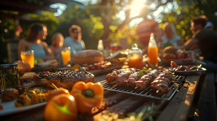 Group of people sitting around table with food. Generative by AI