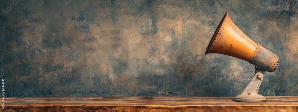 Poster a microphone is on a wooden table in front of a wall. the microphone is old and rusty, and it is pla