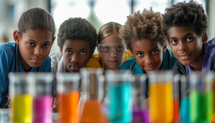 A group of curious children closely observe beakers filled with colorful liquids during a science experiment, sparking their interest and excitement in scientific exploration.