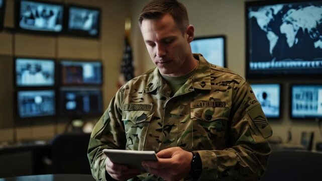 Military Officer Reviewing Data on Tablet in Command Center