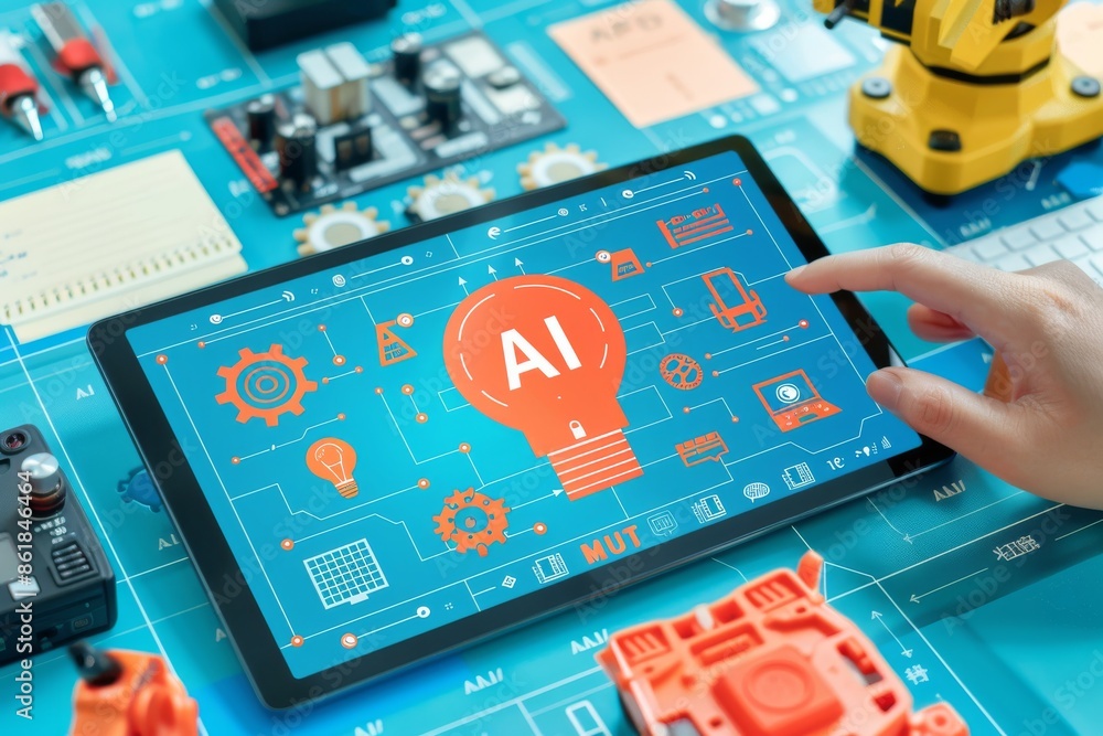 Poster person using ai interface on tablet, representing technological innovation and digital connectivity