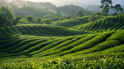 Fototapeta premium Serene Tea Plantation at Sunrise. Generative AI