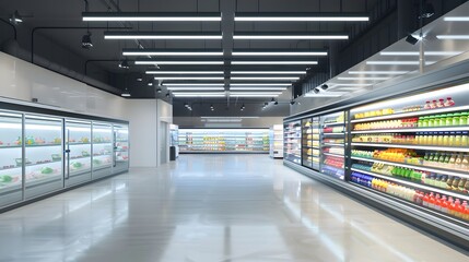 Modern, empty supermarket aisle with bright lights and refrigerated shelves stocked with drinks and produce. Concept of retail, grocery shopping, consumerism, and food industry.