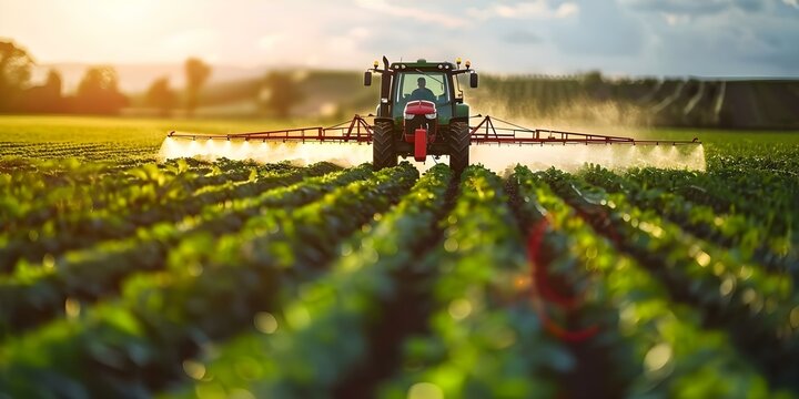 Using a Boom Sprayer on a Tractor to Spray Crops in a Field. Concept Agricultural machinery, Crop protection, Farm technology, Agricultural spraying, Precision agriculture