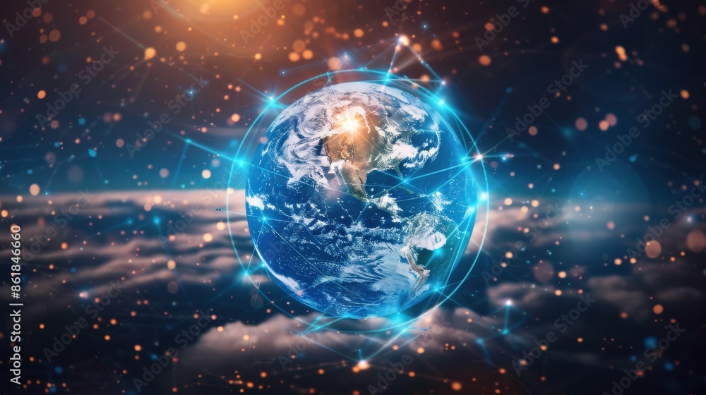 Poster a blue and white planet with a network of lines surrounding it. the planet is surrounded by a cloud 