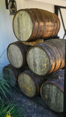 wooden barrels stacked up