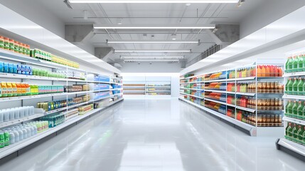 Obraz premium Bright and clean supermarket aisle stocked with products. Retail, grocery shopping, consumerism concept.