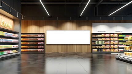 Modern supermarket interior with empty billboard and variety of products on shelves. Retail, marketing, advertising concept.
