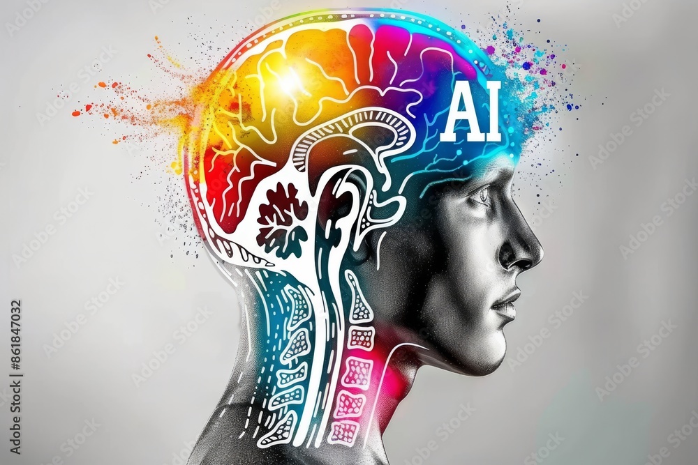 Poster human head with ai integration and neural network, representing cognitive technology and innovation
