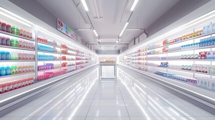 Obraz premium Empty supermarket aisle with bright lights and shelves stocked with various products. Retail, grocery, and consumerism concept.
