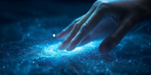 Fototapeta premium Woman's Hand Touching Digital Metaverse, Symbolizing the Next Era of Technology. Concept Digital Metaverse, Technology Evolution, Future Innovation