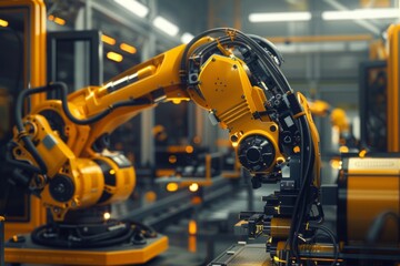Fototapeta premium A futuristic robotics project poster featuring a powerful industrial robot with a rugged yellow and black finish