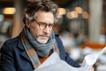 Man With Grey Hair Reading a Newspaper in a Cafe