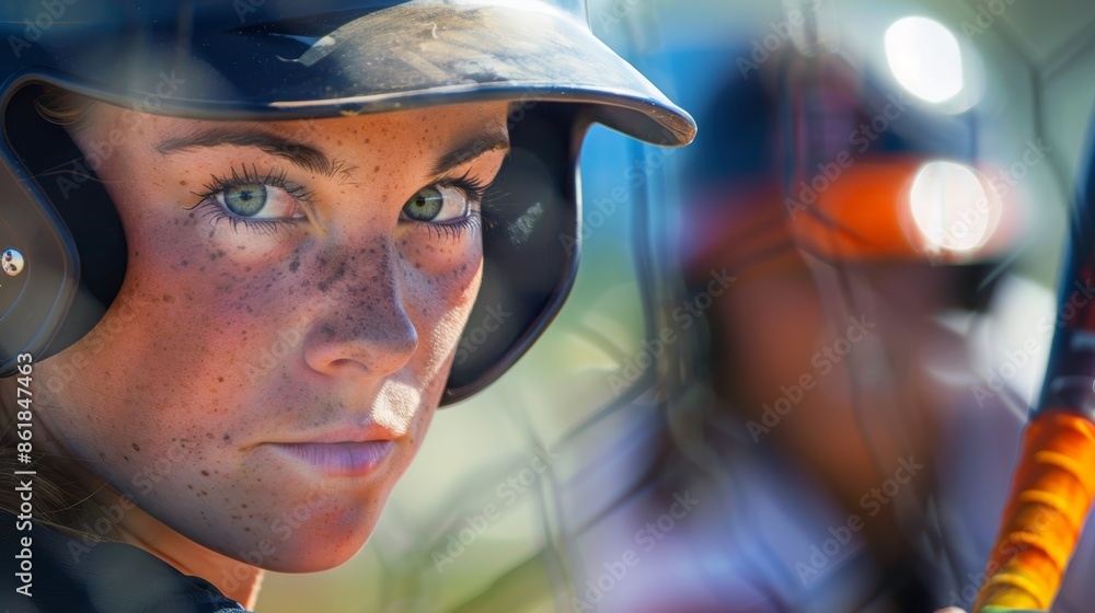 Poster determined softball player prepares to swing with blurred pitcher in background